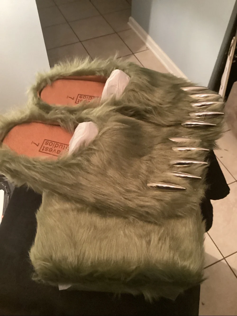 Bravest Studios Olive Green Plush Monster Paw Slippers